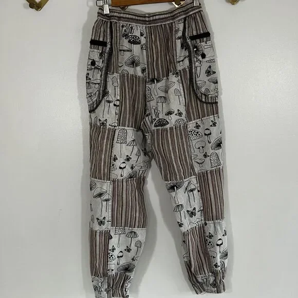 Rising International Mushroom Print Pants Size Medium Patchwork Pockets Pull On - Picture 8 of 10